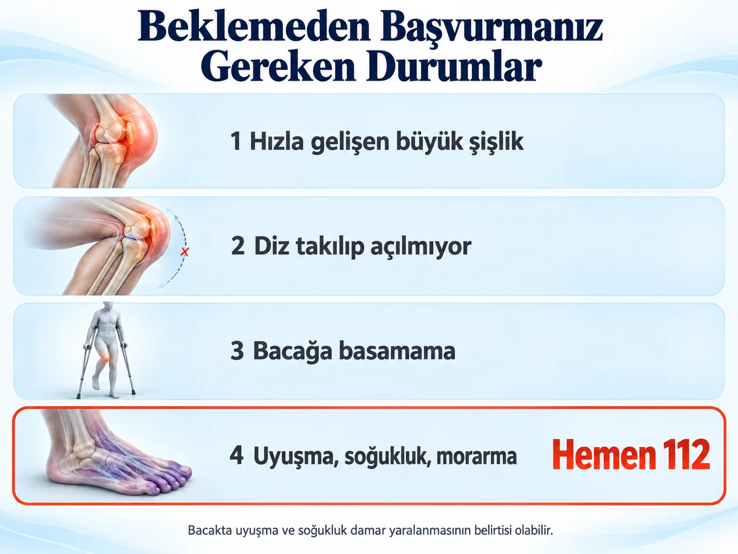 Beklemeden doktora başvurulması gereken dört durum: hızla gelişen büyük şişlik, takılıp açılmayan diz, bacağa basamama ve hemen 112 aranması gereken uyuşma, soğukluk, morarma.