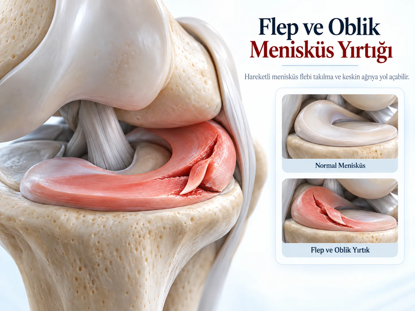 Flep ve oblik menisküs yırtığı: yerinden kalkmış hareketli bir menisküs parçası takılmaya ve keskin ağrıya yol açabilir; normal menisküsle karşılaştırmalı çizim.
