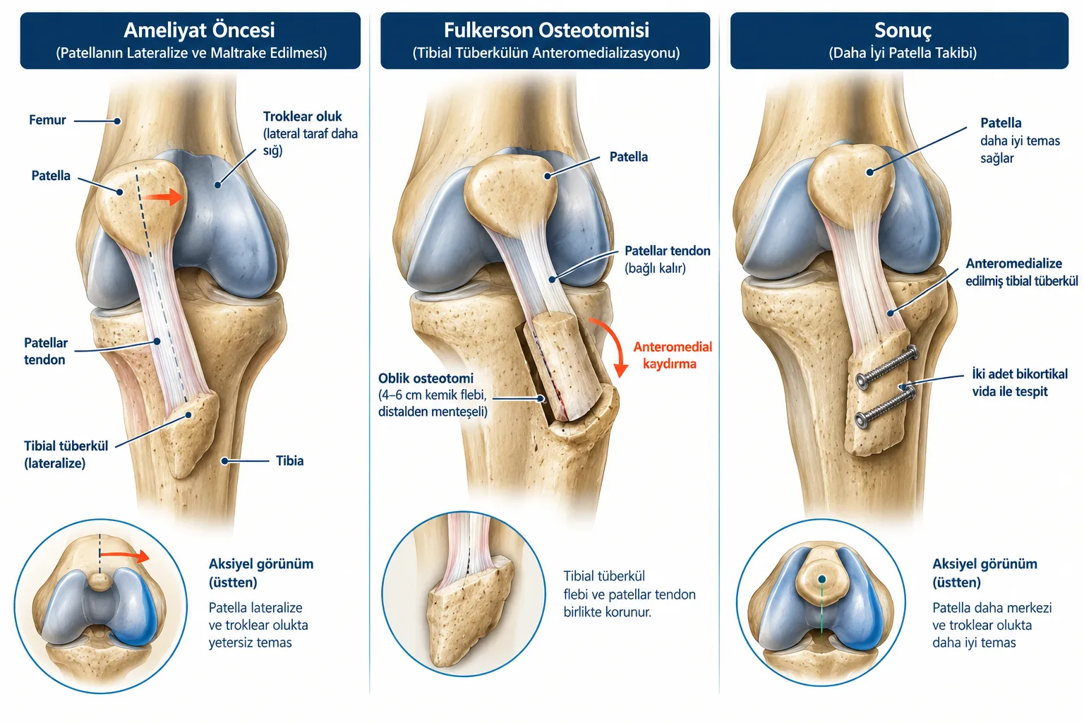Fulkerson osteotomisi üç aşamada: ameliyat öncesi dışa kaymış diz kapağı, tibial tüberkülün içe ve öne kaydırılması, iki vidayla tespit sonrası daha iyi diz kapağı takibi.