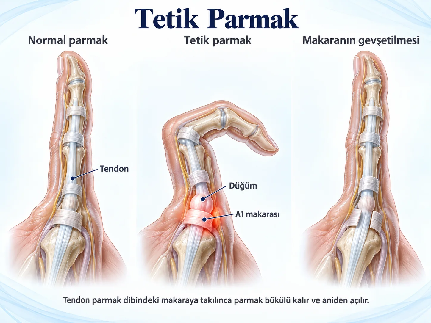 Üç panelde parmağı büken tendon ve makaralar: normal parmak, tendondaki düğümün A1 makarasına takıldığı bükülü tetik parmak ve A1 makarası açılarak serbestleşen tendon.