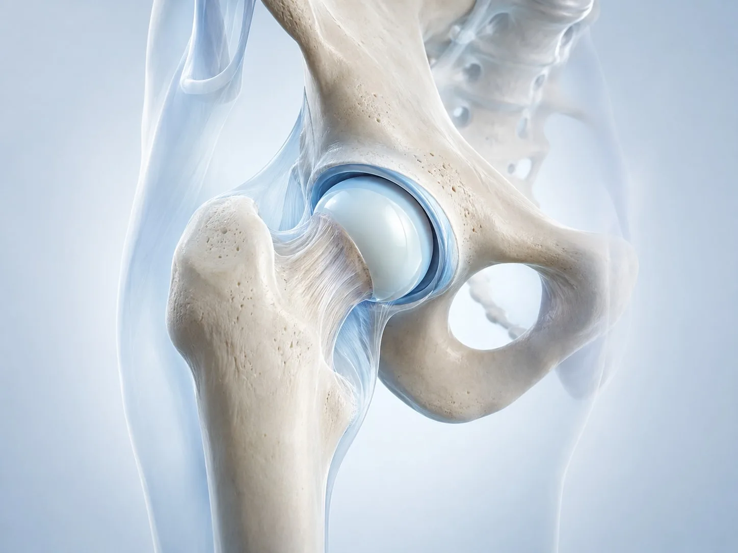 Kalça ekleminin leğen kemiği, uyluk başı ve eklem kıkırdağını gösteren üç boyutlu anatomik illüstrasyon.