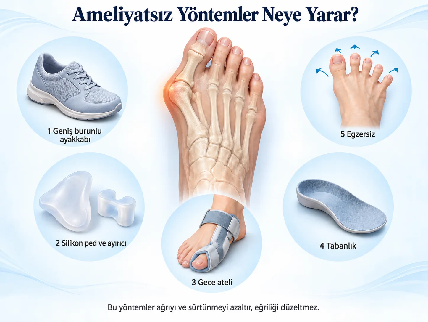 Halluks valgusta ameliyatsız beş yöntem: geniş burunlu ayakkabı, silikon ped ve parmak ayırıcı, gece ateli, tabanlık ve parmak egzersizi; bu yöntemler ağrıyı azaltır, eğriliği düzeltmez.