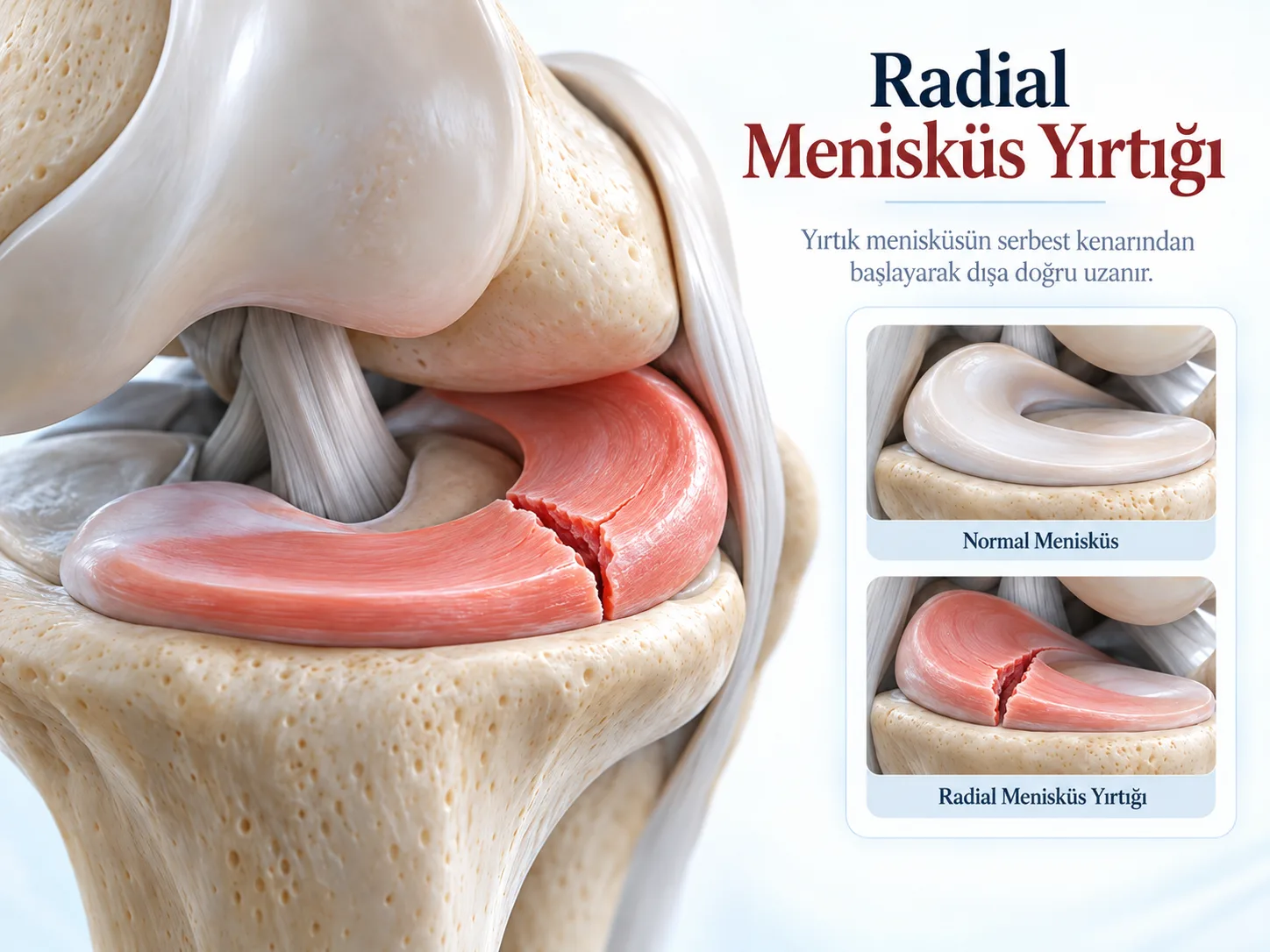Radial menisküs yırtığı: yırtık, menisküsün iç serbest kenarından başlayıp dışa doğru uzanıyor; normal menisküsle karşılaştırmalı çizim.