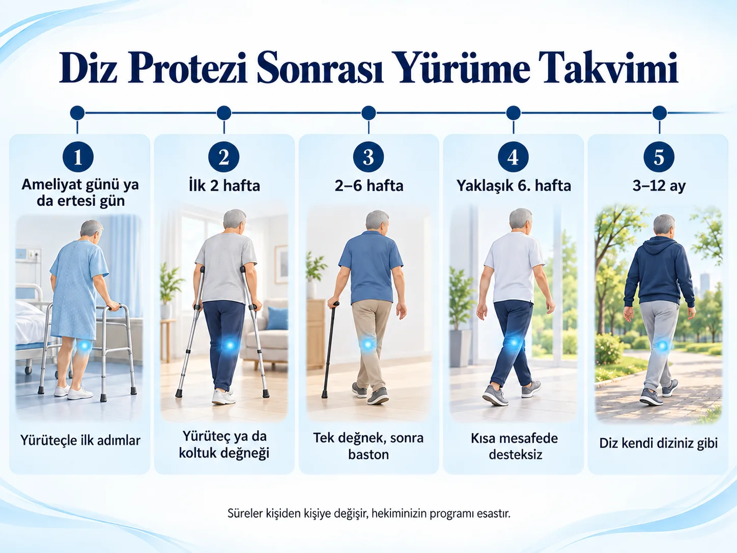 Diz protezi sonrası yürüme takvimi: ameliyat günü ya da ertesi gün yürüteçle ilk adımlar, ilk 2 hafta yürüteç ya da koltuk değneği, 2-6 hafta tek değnek sonra baston, yaklaşık 6. hafta kısa mesafede desteksiz, 3-12 ay diz kendi diziniz gibi.