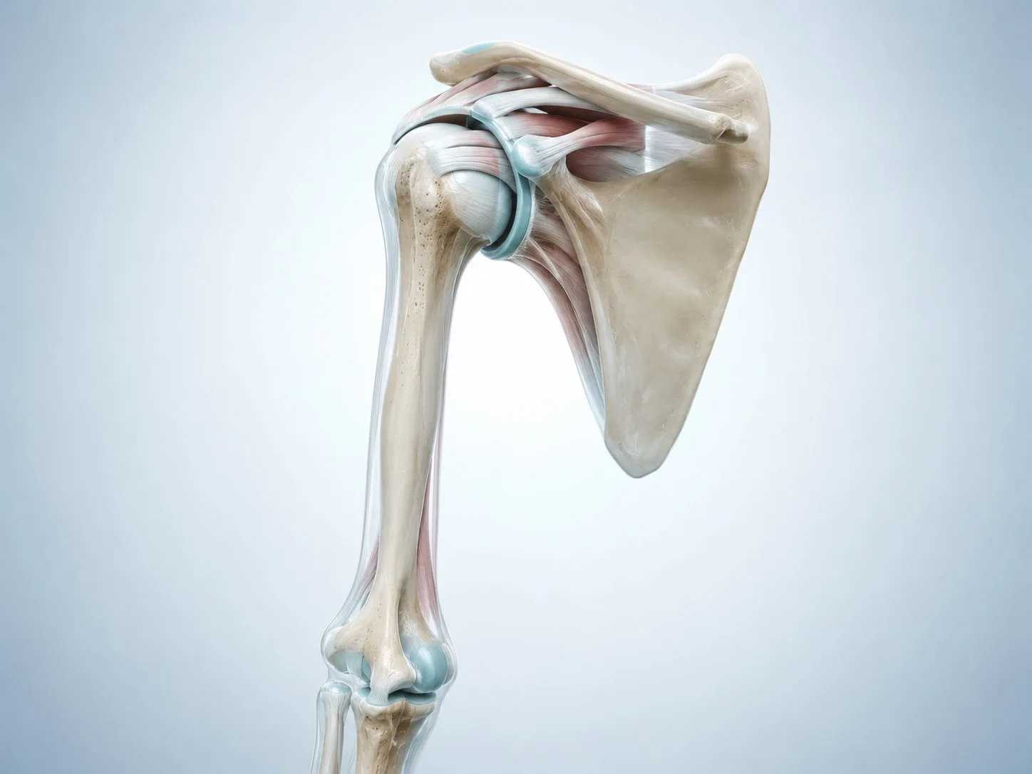 Omuz ekleminin kürek kemiği, kol kemiği başı ve rotator manşet tendonlarını gösteren üç boyutlu anatomik illüstrasyon