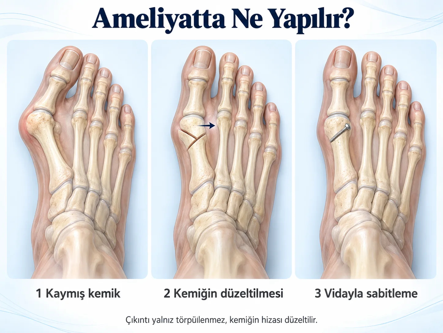 Halluks valgus ameliyatının üç adımı: kaymış birinci tarak kemiği, kemik başına yakın V biçimli kesiyle hizanın düzeltilmesi ve vidayla sabitleme.