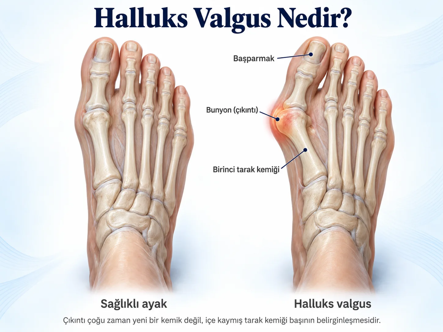 Sağlıklı ayak ile halluks valgusun karşılaştırması: halluks valgusta birinci tarak kemiği ayağın iç kenarına açılmış, başparmak diğer parmaklara eğilmiş ve başparmak kökünde bunyon çıkıntısı oluşmuş.