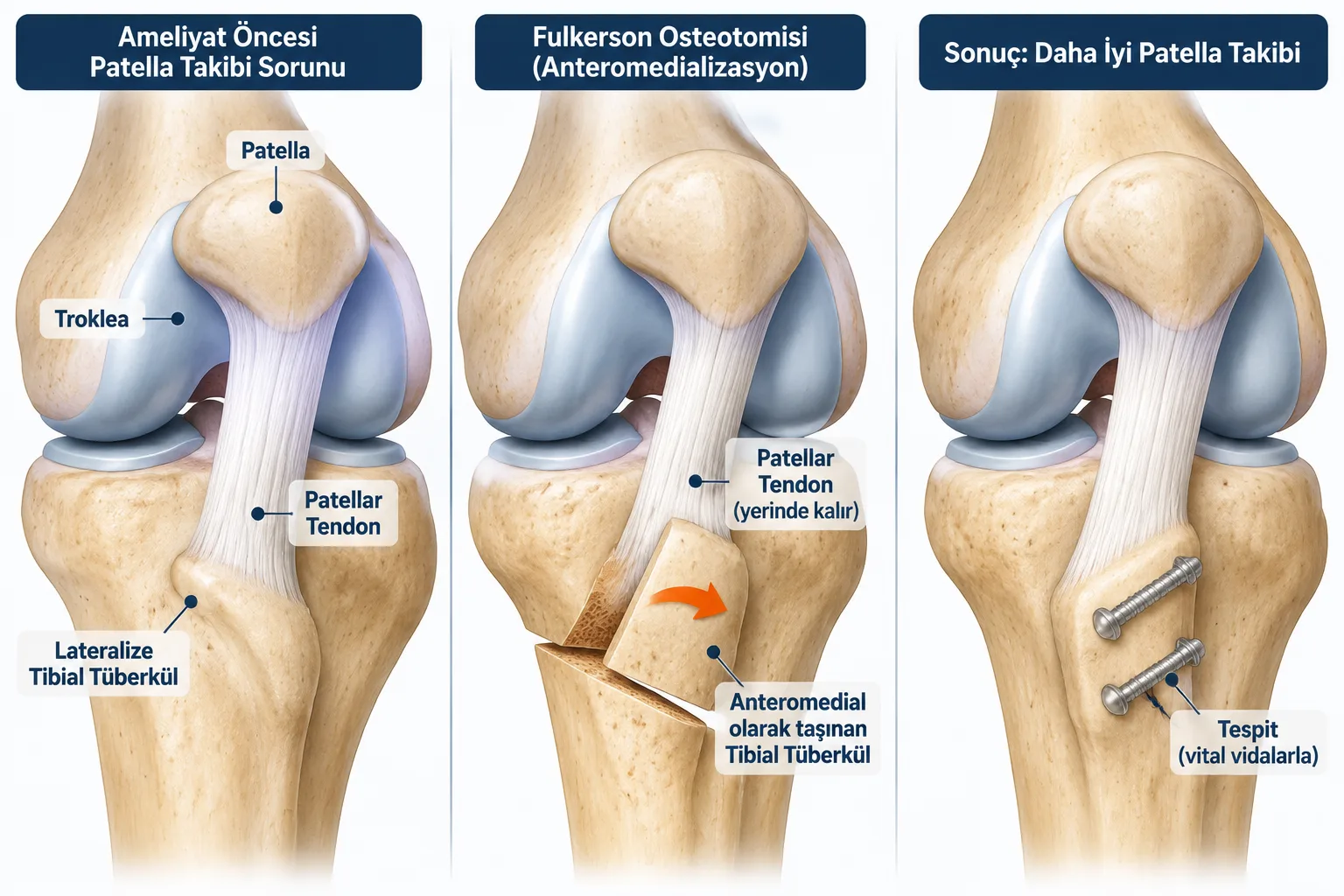 Fulkerson osteotomisi: ameliyat öncesi dışa yerleşmiş tibial tüberkül, kemik parçasının içe ve öne taşınması, vidalarla tespit sonrası diz kapağının daha iyi hareketi.