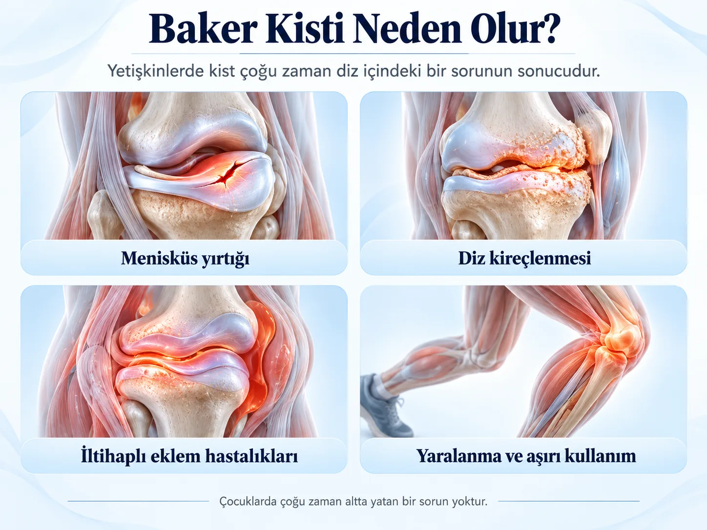 Baker kistinin nedenleri: menisküs yırtığı, diz kireçlenmesi, iltihaplı eklem hastalıkları, yaralanma ve aşırı kullanım