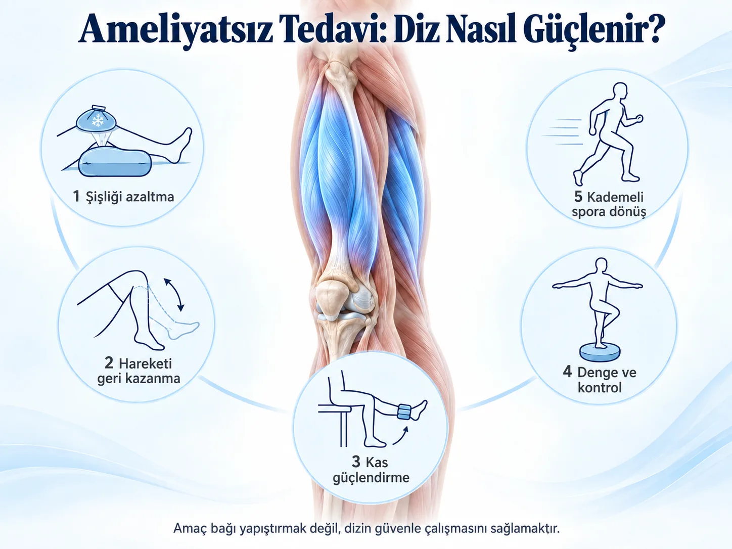 Ameliyatsız tedavinin beş basamağı: şişliği azaltma, hareketi geri kazanma, kas güçlendirme, denge ve kontrol, kademeli spora dönüş; ortada uyluk kasları vurgulanmış bacak.