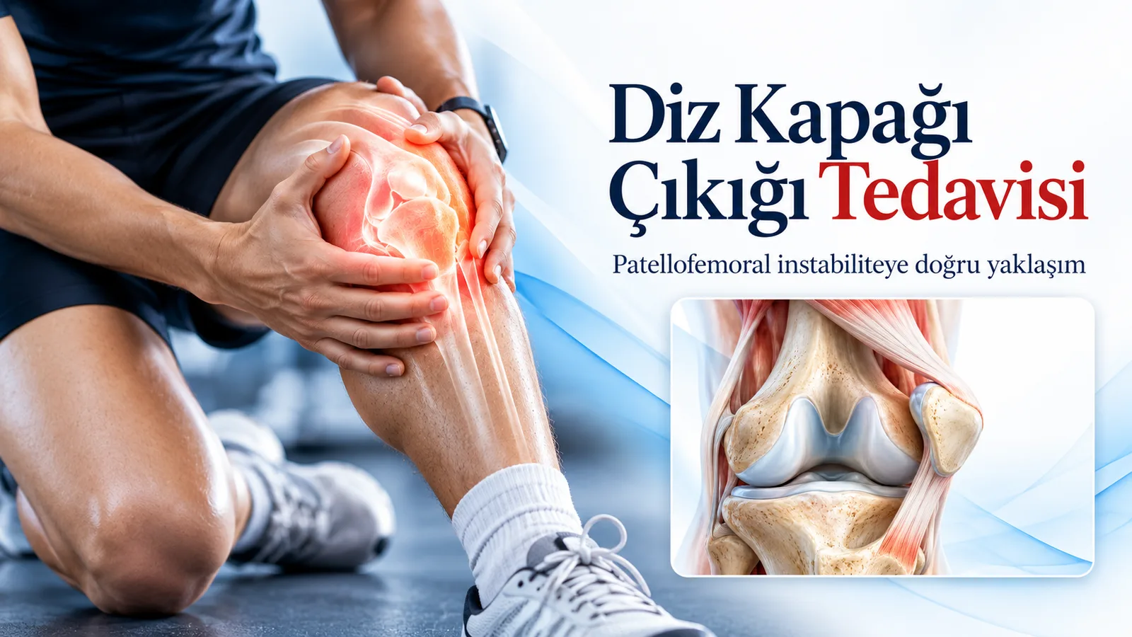 Diz kapağı çıkığı tedavisi: dizini tutan sporcu ve diz kapağı ile uyluk kemiğindeki oluğu gösteren yakın plan diz anatomisi.
