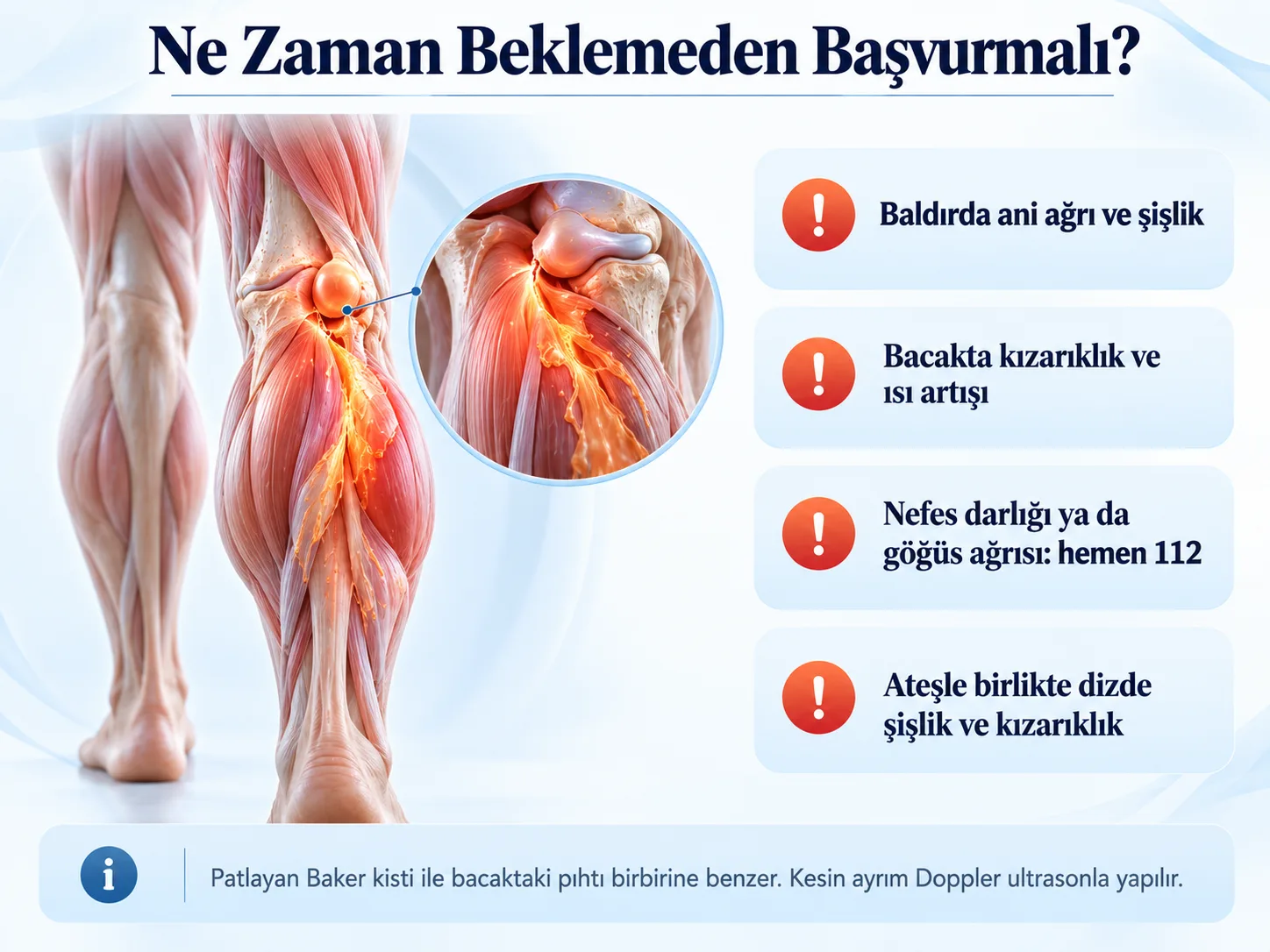 Baker kistinde beklemeden başvurulması gereken belirtiler: baldırda ani ağrı ve şişlik, kızarıklık, nefes darlığı ya da göğüs ağrısı