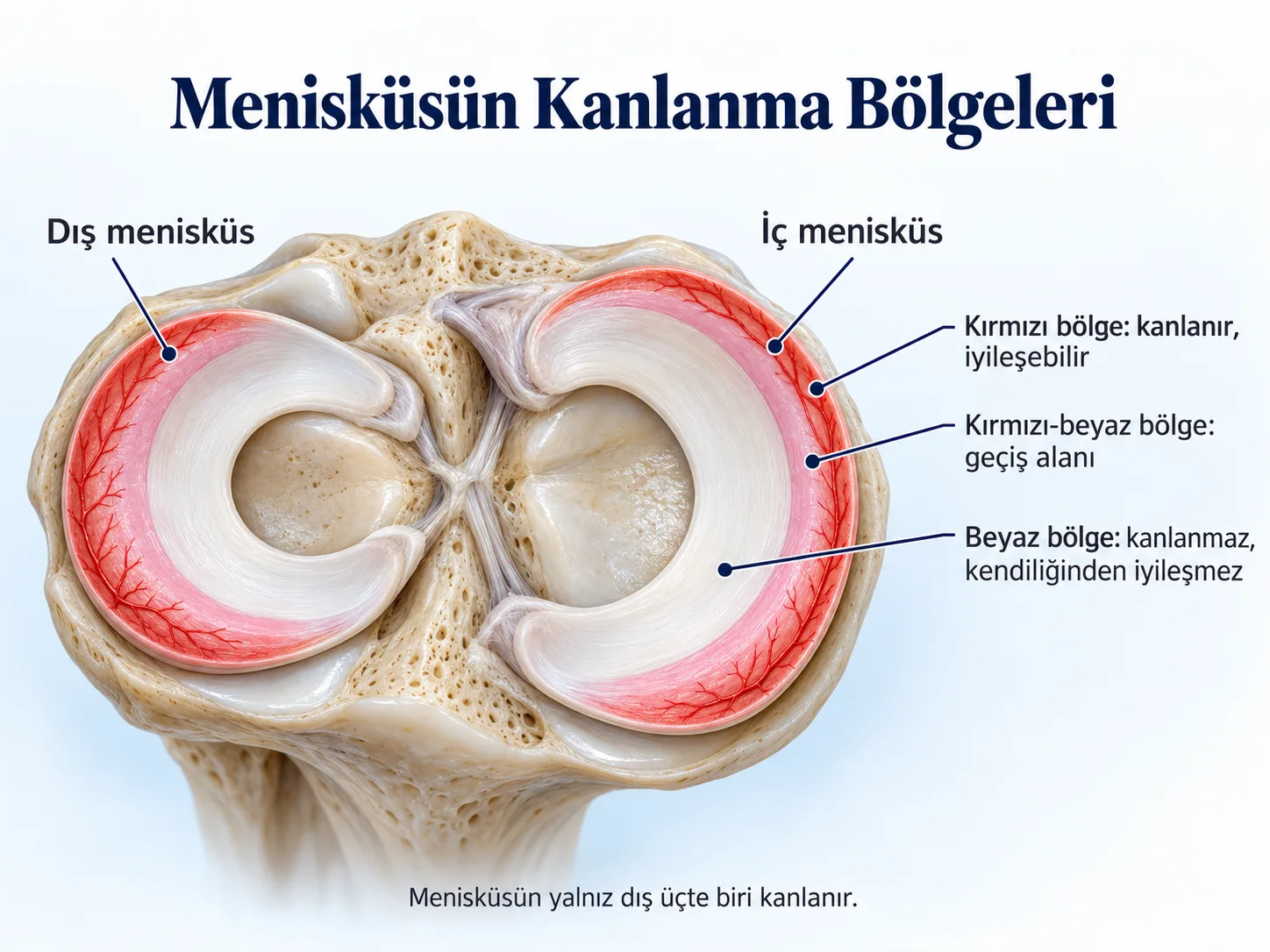 Menisküsün kanlanma bölgeleri: dış kenardaki kırmızı bölge kanlanır ve iyileşebilir, ortadaki kırmızı-beyaz bölge geçiş alanıdır, içteki beyaz bölge kanlanmaz ve kendiliğinden iyileşmez. Menisküsün yalnız dış üçte biri kanlanır.