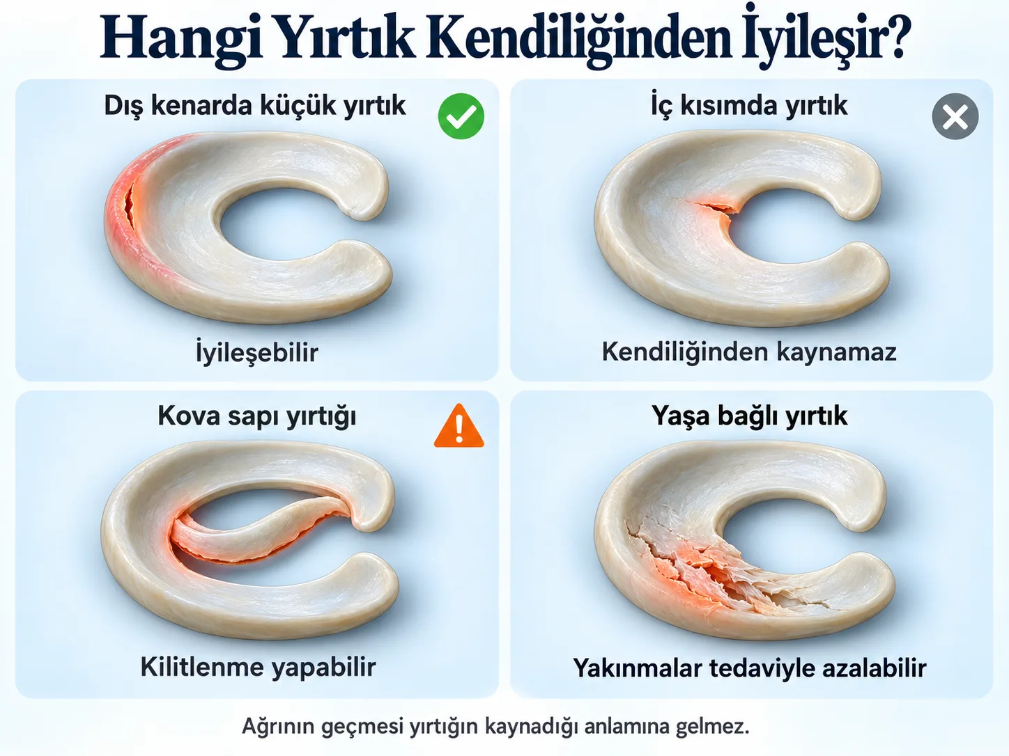Hangi menisküs yırtığı kendiliğinden iyileşir: dış kenardaki küçük yırtık iyileşebilir, iç kısımdaki yırtık kendiliğinden kaynamaz, kova sapı yırtığı kilitlenme yapabilir, yaşa bağlı yırtıkta yakınmalar tedaviyle azalabilir.