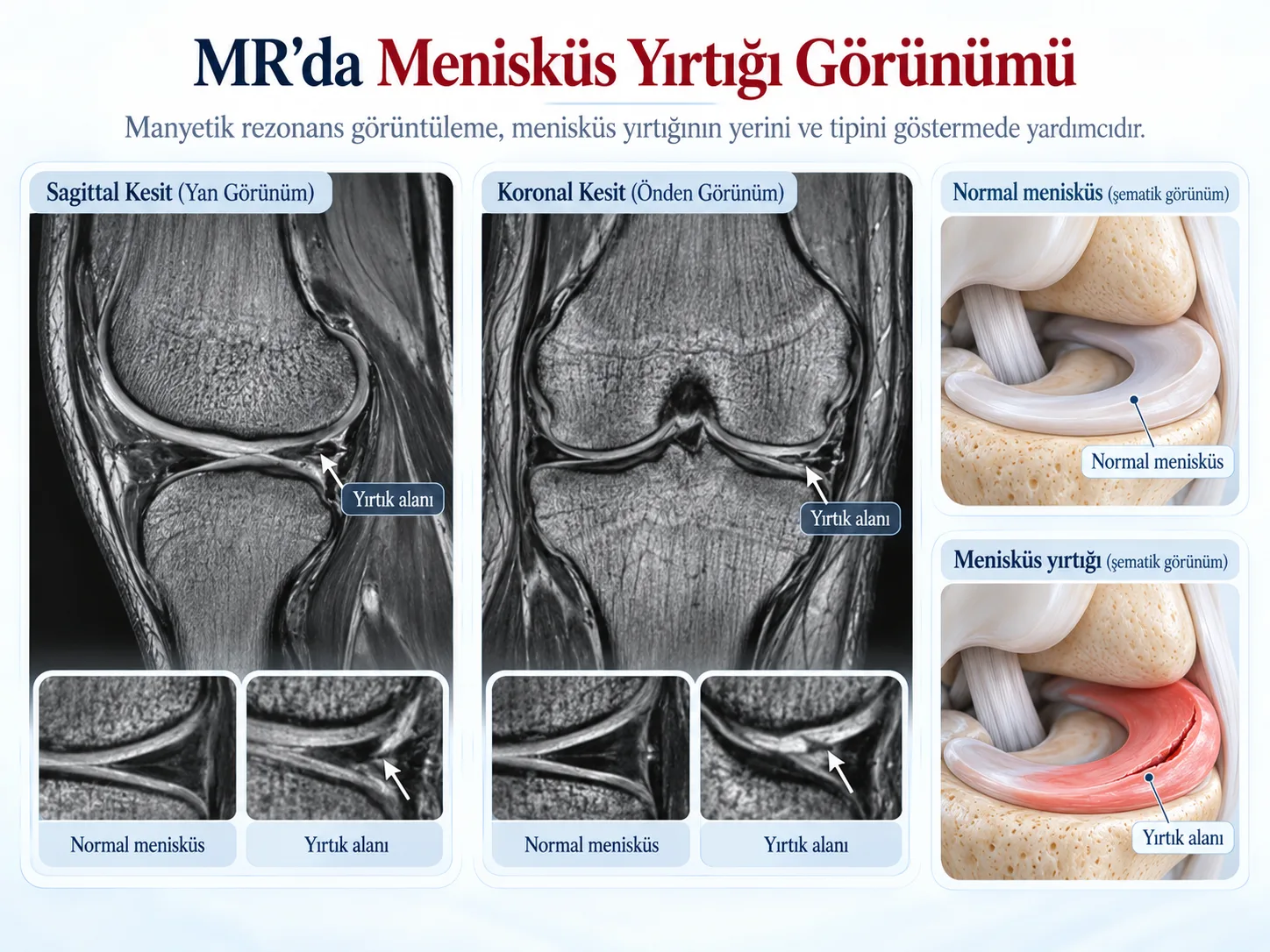 MR'da menisküs yırtığı görünümü: yan (sagittal) ve önden (koronal) kesitlerde oklarla gösterilen yırtık alanı, normal menisküs ve şematik çizimle karşılaştırmalı.