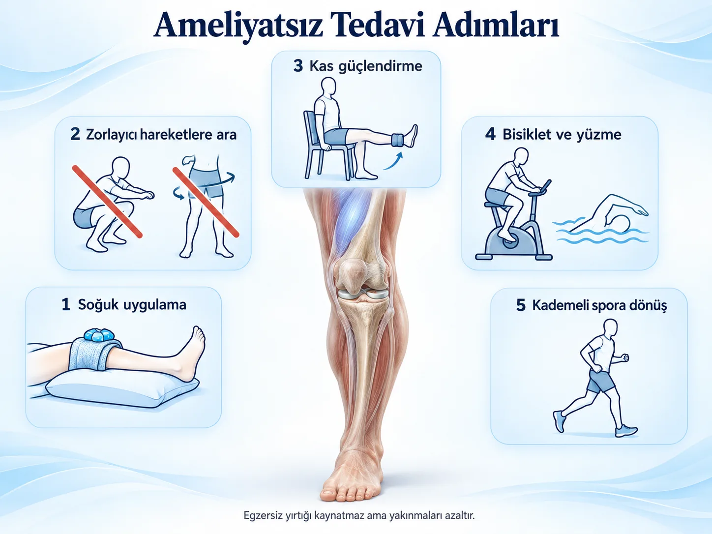 Menisküs yırtığında ameliyatsız tedavi adımları: soğuk uygulama, zorlayıcı hareketlere ara, kas güçlendirme, bisiklet ve yüzme, kademeli spora dönüş. Egzersiz yırtığı kaynatmaz ama yakınmaları azaltır.
