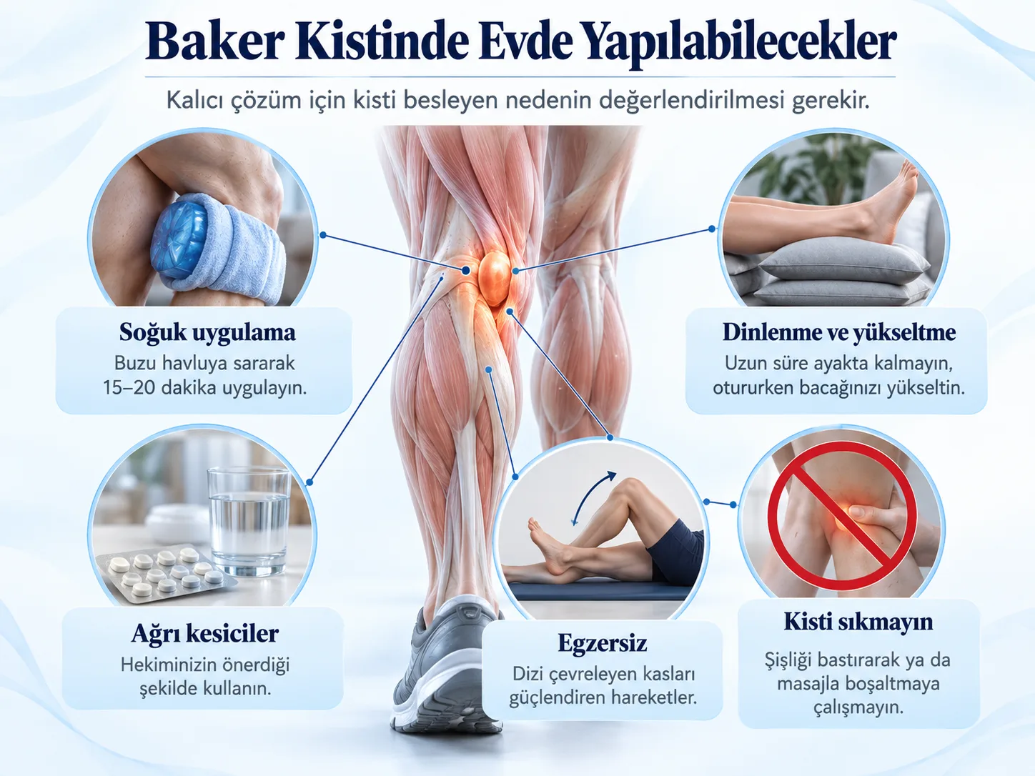 Baker kistinde evde yapılabilecekler: soğuk uygulama, dinlenme ve bacağı yükseltme, ağrı kesiciler, egzersiz ve kisti sıkmamak