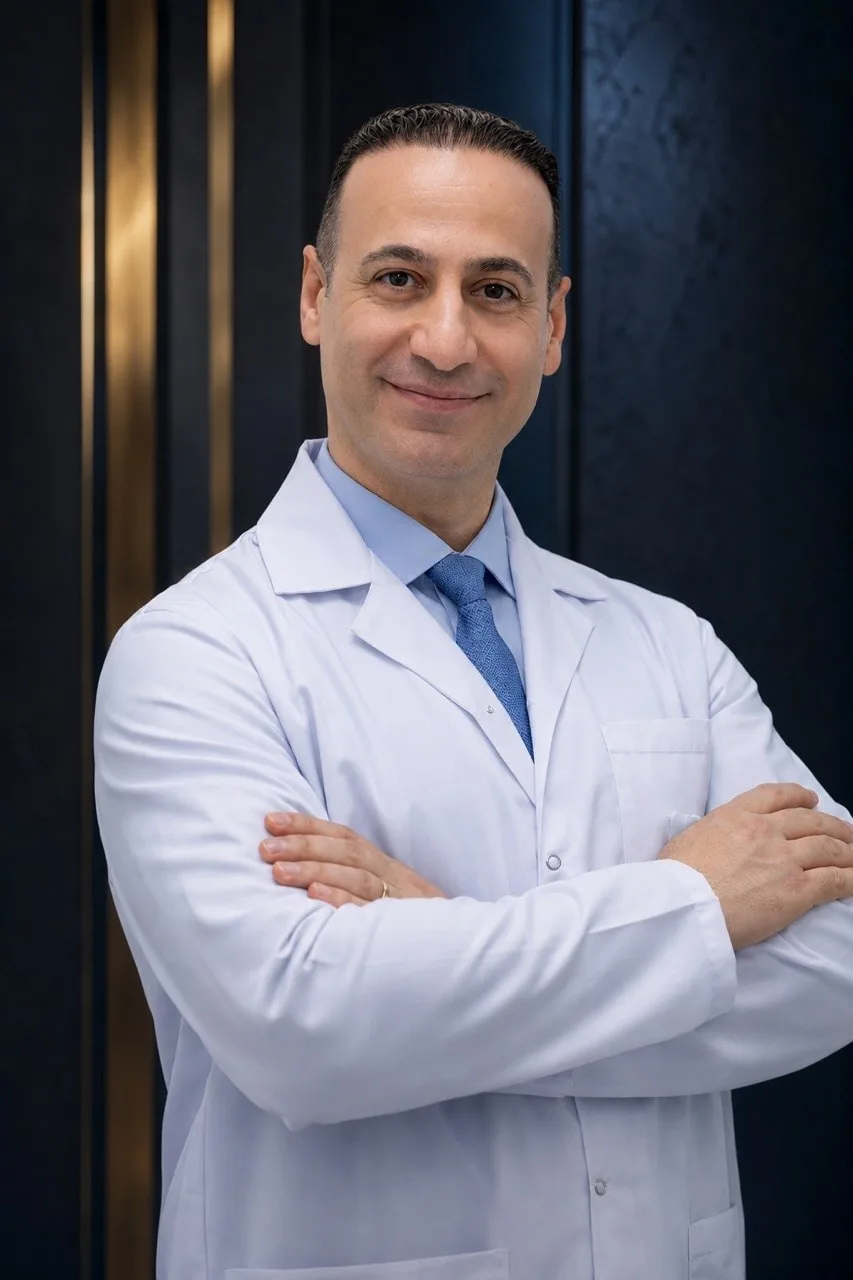Prof. Dr. Mehmet Emin Şimşek, beyaz hekim önlüğü ve mavi kravatla, koyu lacivert zemin önünde kollarını kavuşturmuş.