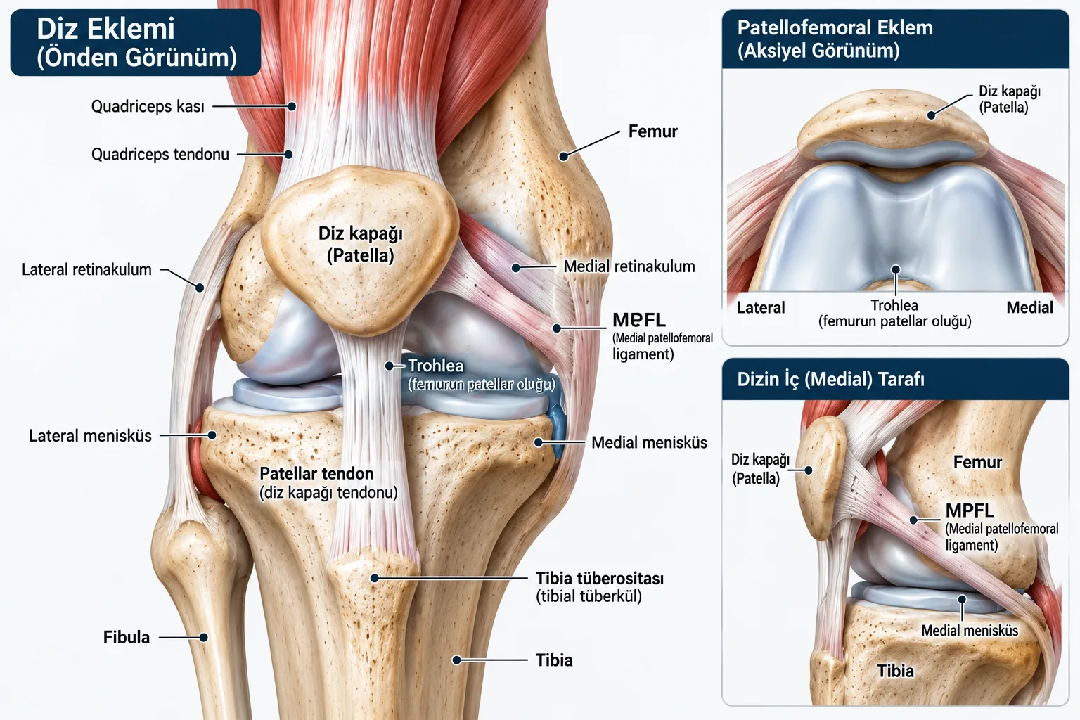 Diz eklemi önden görünüm: quadriceps kası ve tendonu, diz kapağı, retinakulum, MPFL, troklea, menisküsler, patellar tendon ve tibia tüberositası; yanda diz kapağı ekleminin aksiyel görünümü ve dizin iç tarafındaki MPFL.