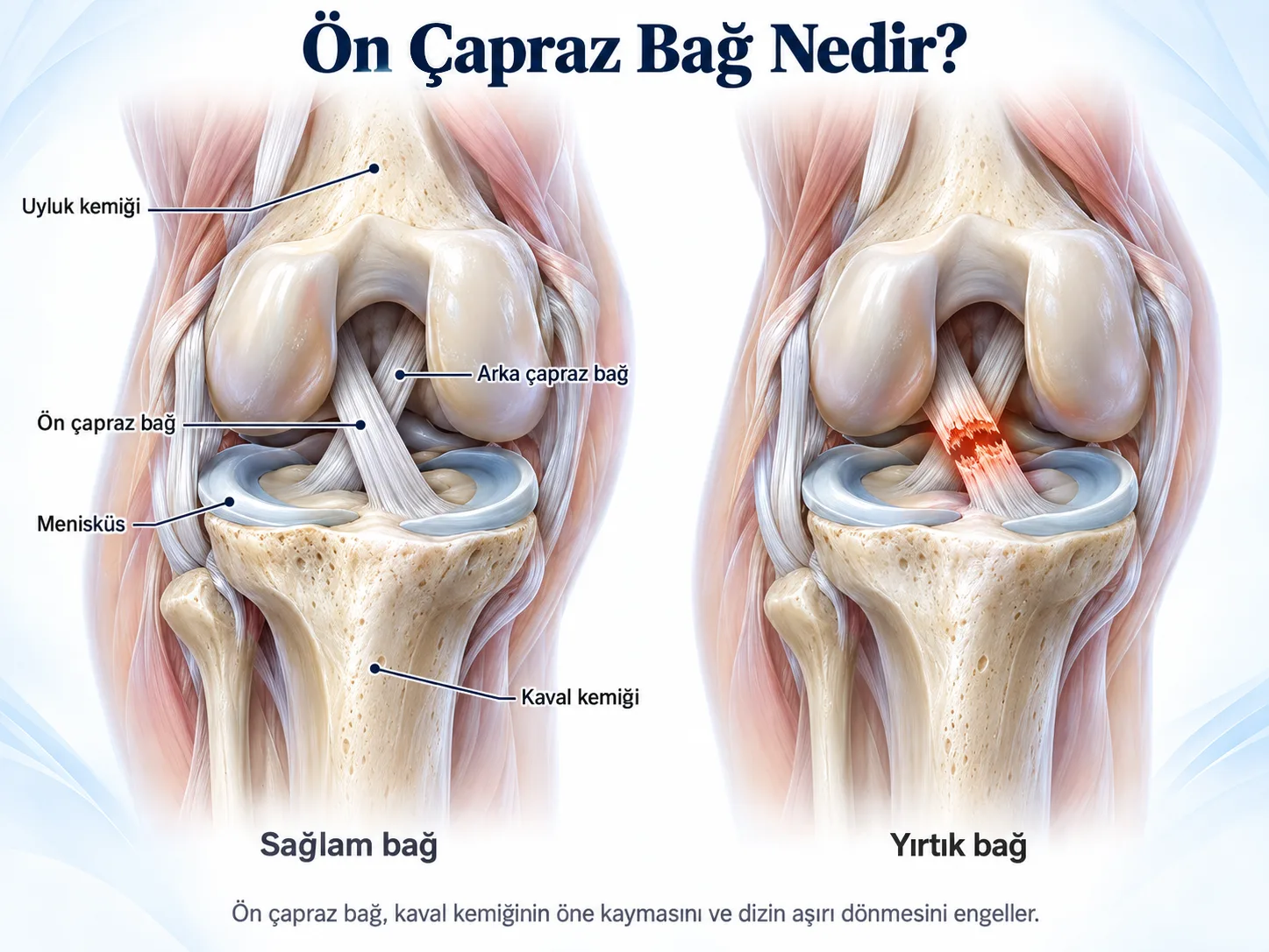 Sağlam ve yırtık ön çapraz bağın karşılaştırması: solda uyluk kemiği ile kaval kemiği arasında X biçiminde çaprazlaşan ön ve arka çapraz bağ ile menisküsler, sağda ortasından kopmuş ön çapraz bağ.