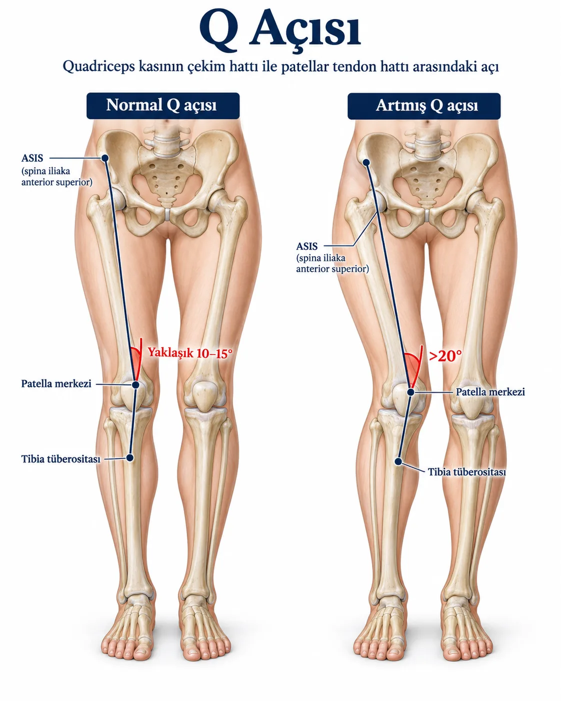 Q açısı: quadriceps kasının çekim hattı ile patellar tendon hattı arasındaki açı; normal dizde yaklaşık 10-15 derece, artmış Q açısında 20 derecenin üzerinde.