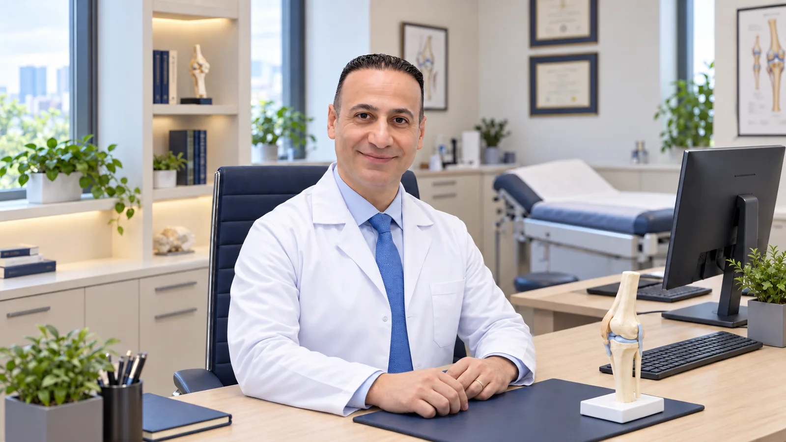 Prof. Dr. Mehmet Emin Şimşek, diz eklemi maketinin bulunduğu çalışma masasında; arkada muayene masası.