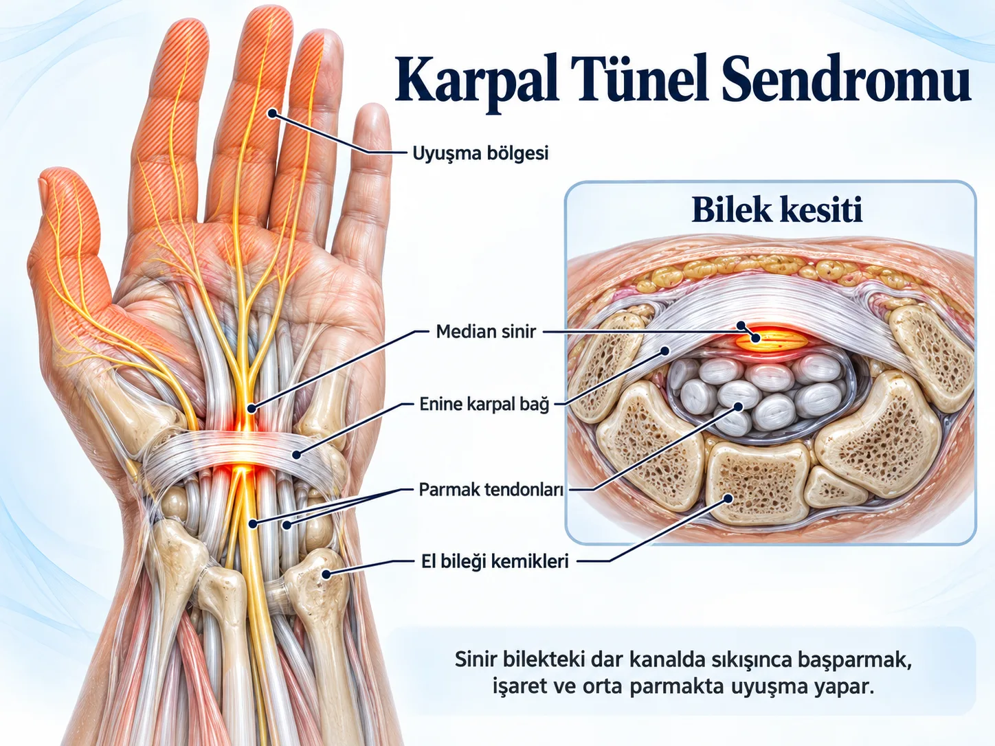 Avuç içinden görünen el ve el bileğinde enine karpal bağın altında sıkışmış median sinir; başparmak, işaret, orta ve yüzük parmağında uyuşma bölgesi; yanda bilek kesitinde kemikler, tendonlar ve bağın altında basılmış sinir.
