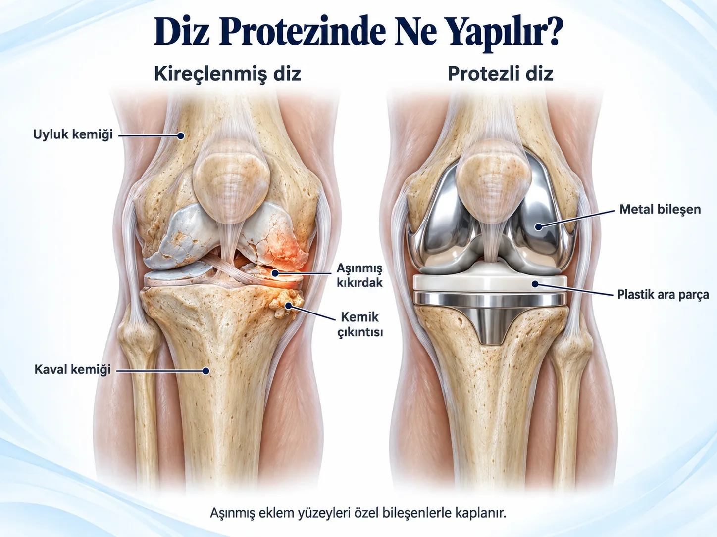 Diz protezinde ne yapılır: solda kireçlenmiş dizde uyluk kemiği, kaval kemiği, aşınmış kıkırdak ve kemik çıkıntısı, sağda protezli dizde metal bileşen ve plastik ara parça. Aşınmış eklem yüzeyleri özel bileşenlerle kaplanır.