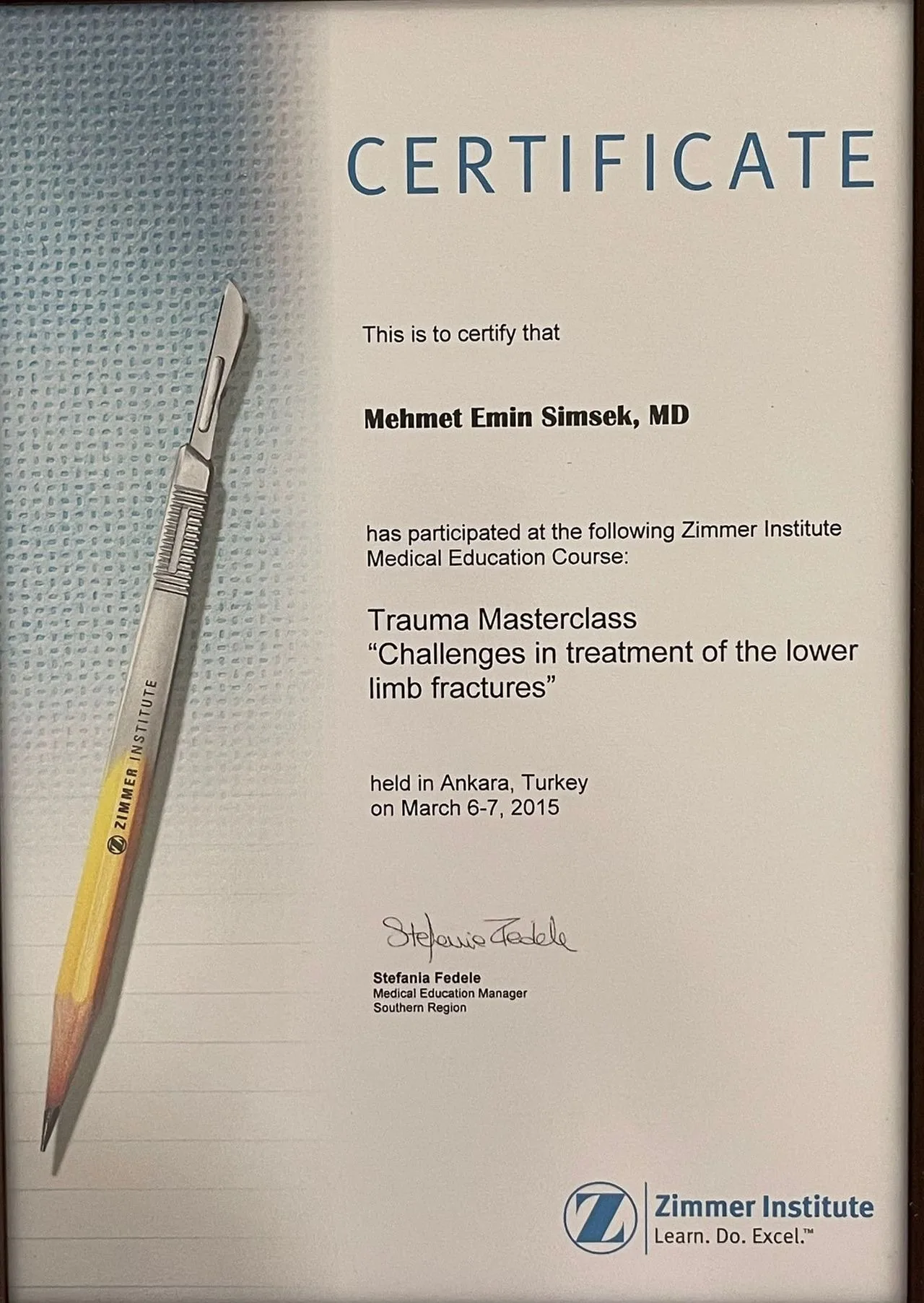Zimmer Institute "Trauma Masterclass" alt ekstremite kırıkları kursu katılım belgesi, Ankara, 6-7 Mart 2015.