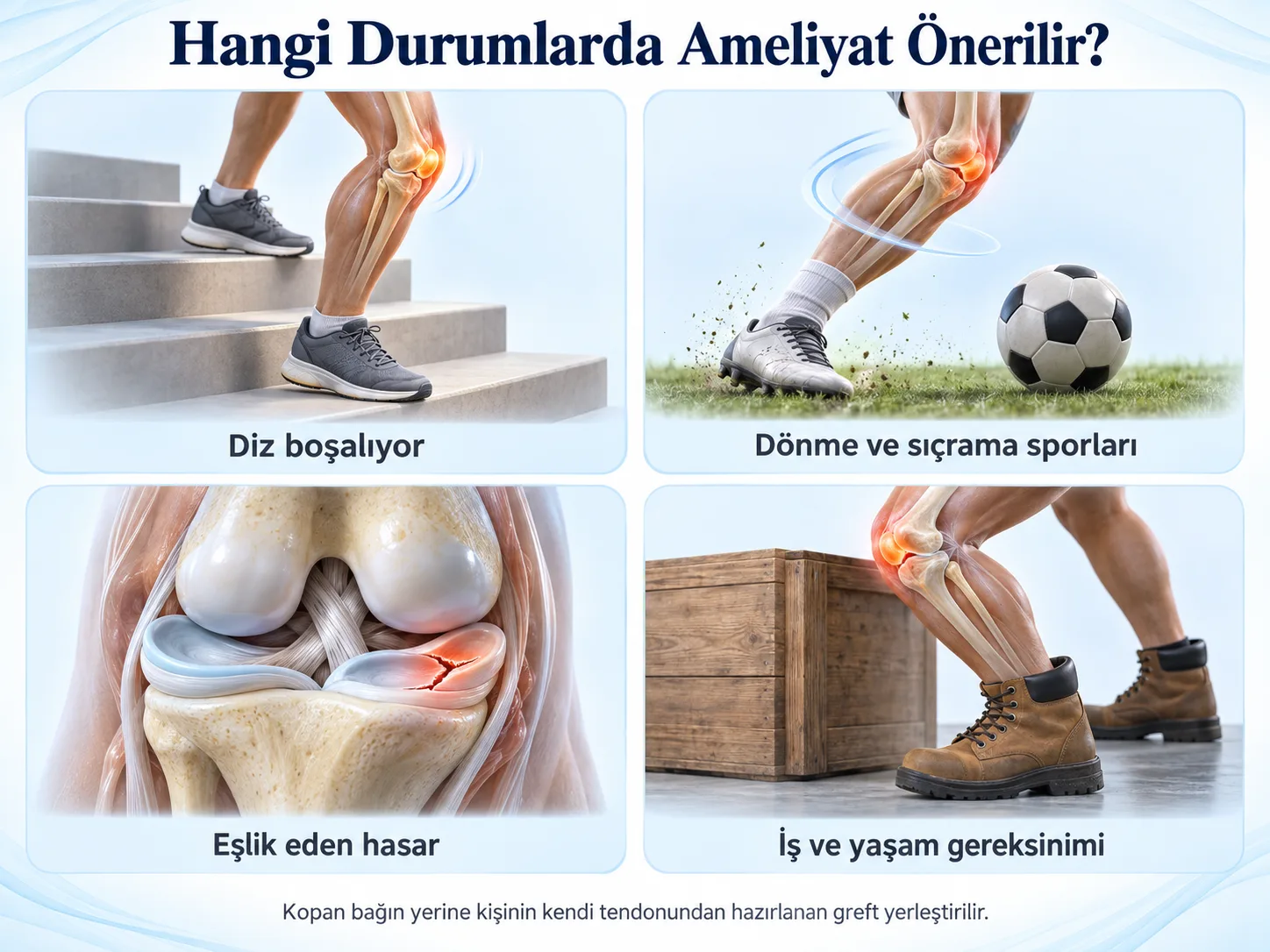 Ön çapraz bağ yırtığında ameliyatın öne çıktığı dört durum: diz boşalıyor, dönme ve sıçrama sporları, menisküs gibi eşlik eden hasar, iş ve yaşam gereksinimi.