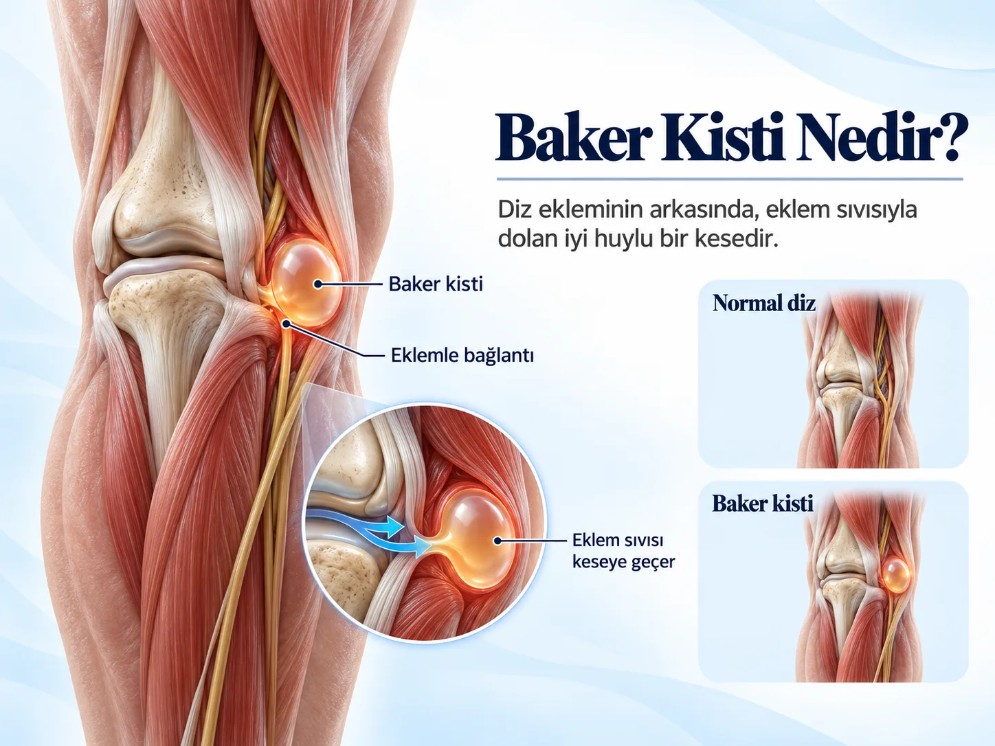 Baker kisti nedir: diz eklemi arkasında eklem sıvısıyla dolan kese, eklemle bağlantısı ve normal dizle karşılaştırması