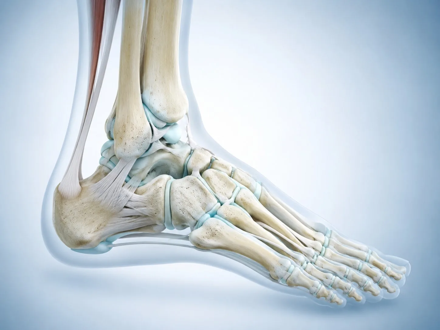 Ayak ve ayak bileğinin kemikleri, bağları ve Aşil tendonunu gösteren üç boyutlu anatomik illüstrasyon.