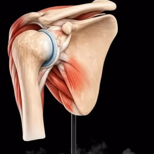 Omuz ekleminin kas, tendon ve eklem dudağı yapılarını gösteren üç boyutlu anatomi modeli