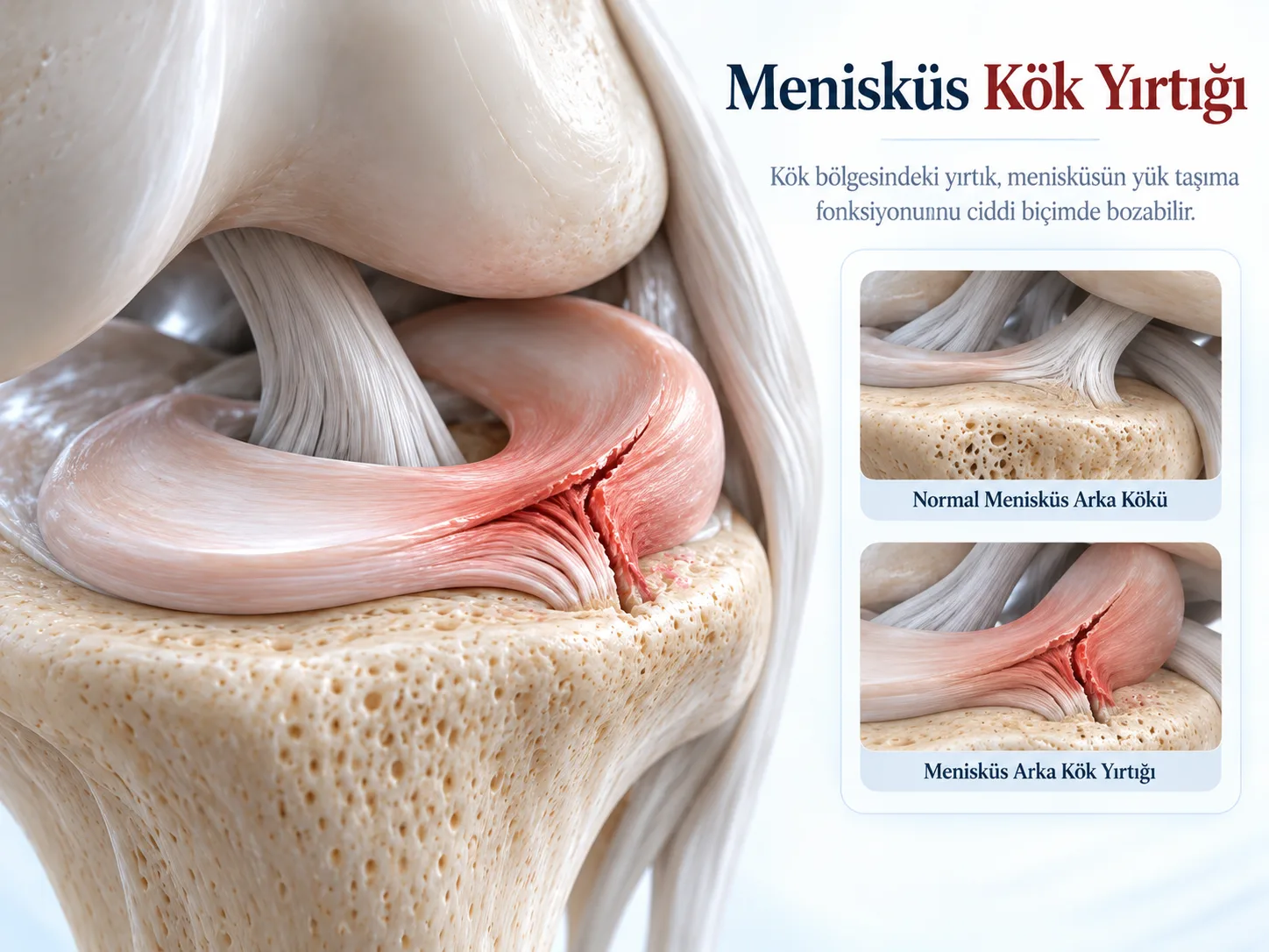 Menisküs arka kök yırtığı: menisküsün kemiğe tutunduğu kök bölgesindeki yırtık, yük taşıma görevini bozabilir; normal arka kökle karşılaştırmalı çizim.