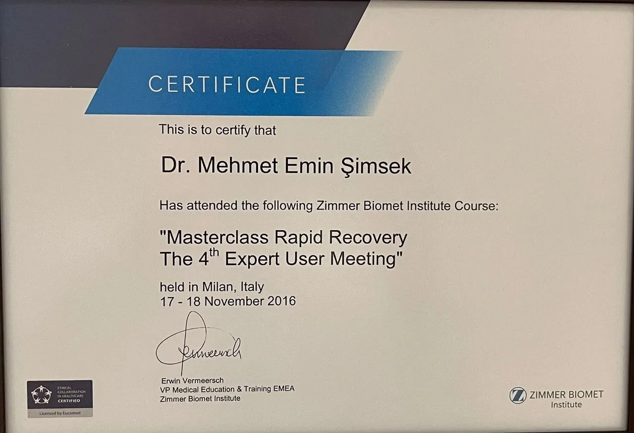 Zimmer Biomet Institute "Masterclass Rapid Recovery" 4. Uzman Kullanıcı Toplantısı katılım belgesi, Milano, 2016.