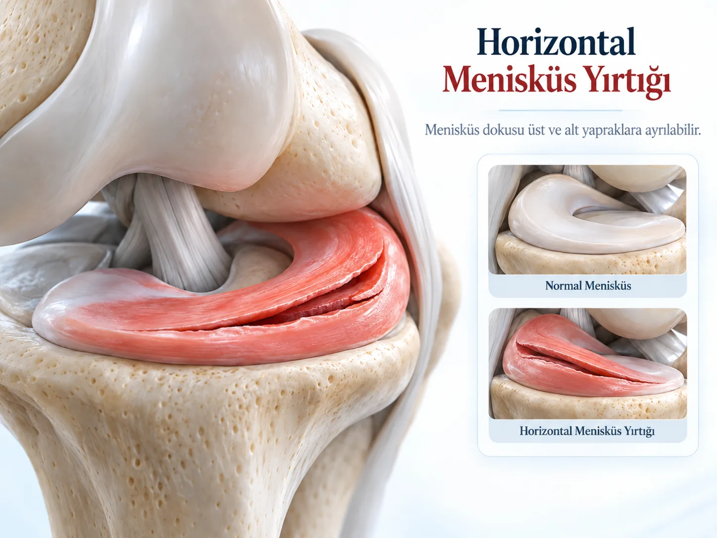 Horizontal menisküs yırtığı: menisküs dokusu üst ve alt yaprak olarak ikiye ayrılıyor; normal menisküsle karşılaştırmalı çizim.