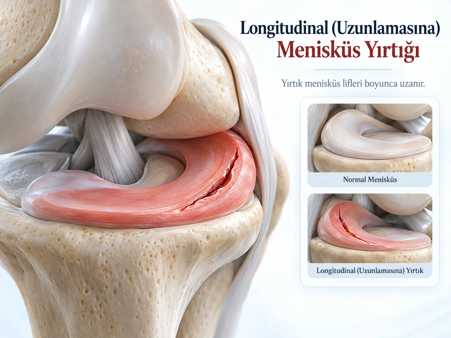 Longitudinal (uzunlamasına) menisküs yırtığı: yırtık, menisküs lifleri boyunca uzanıyor; normal menisküsle karşılaştırmalı çizim.