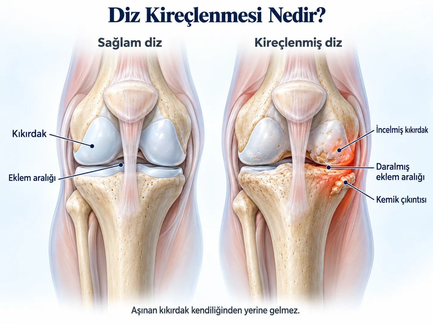 Diz kireçlenmesi nedir: solda sağlam dizde kıkırdak ve eklem aralığı, sağda kireçlenmiş dizde incelmiş kıkırdak, daralmış eklem aralığı ve kemik çıkıntısı. Aşınan kıkırdak kendiliğinden yerine gelmez.